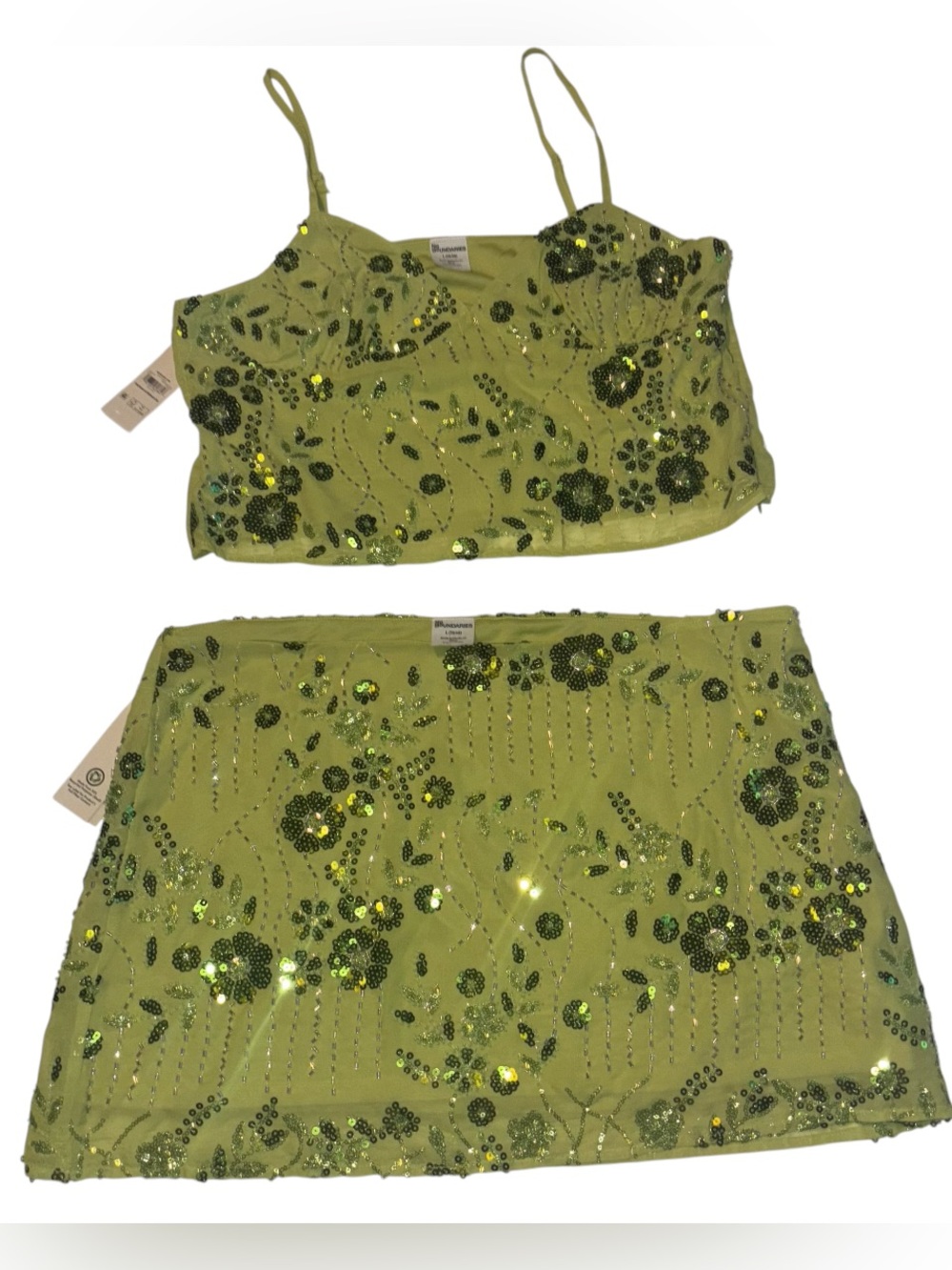 Green Sequin Floral Mini Skirt set Beaded Cami Top & Skirt Juniors L (12-14)